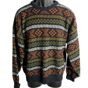 Vintage 90s Pullover Crewneck Sweater XL Black Stretch Knit Geometric Rib Trim